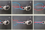 Lanyard step by step Start with a length of line 12 times the finished length of the lanyard and cut it in half. To begin the knot, pass the two lines through the ring in opposite directions (PHOTO 1). The most difficult part of the lanyard is tying the first knot (PHOTOS 2 and 3). Tie it as shown and pull it tight (PHOTO 4). Once this knot is done, repeat the process until the lanyard is complete. Note that one of the lines always passes over the top of the two center lines while the other always passes beneath them. (Normally, the lines won’t be different colors as in the photos, and it is not always easy to keep track of which line passes on top. I tie a small knot at the end of the top line to keep them straight.) Work the knots tight and stop knotting when the lanyard is the right length (PHOTO 5). To finish, cut the ends off each of the lines, leaving about 1⁄8 inch, and use a cigarette lighter to melt the remaining ends (PHOTO 6). (While they are still hot, I press the ends flush with my finger. Alternatively, I sometimes put a drop of clear glue on each end and trim them once the glue has dried.)