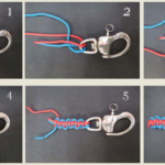 Lanyard step by step Start with a length of line 12 times the finished length of the lanyard and cut it in half. To begin the knot, pass the two lines through the ring in opposite directions (PHOTO 1). The most difficult part of the lanyard is tying the first knot (PHOTOS 2 and 3). Tie it as shown and pull it tight (PHOTO 4). Once this knot is done, repeat the process until the lanyard is complete. Note that one of the lines always passes over the top of the two center lines while the other always passes beneath them. (Normally, the lines won’t be different colors as in the photos, and it is not always easy to keep track of which line passes on top. I tie a small knot at the end of the top line to keep them straight.) Work the knots tight and stop knotting when the lanyard is the right length (PHOTO 5). To finish, cut the ends off each of the lines, leaving about 1⁄8 inch, and use a cigarette lighter to melt the remaining ends (PHOTO 6). (While they are still hot, I press the ends flush with my finger. Alternatively, I sometimes put a drop of clear glue on each end and trim them once the glue has dried.)