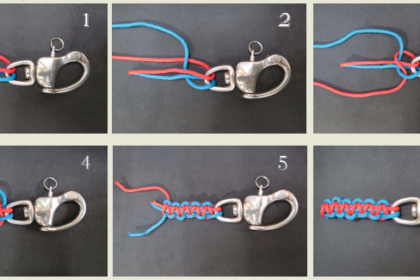 Lanyard step by step Start with a length of line 12 times the finished length of the lanyard and cut it in half. To begin the knot, pass the two lines through the ring in opposite directions (PHOTO 1). The most difficult part of the lanyard is tying the first knot (PHOTOS 2 and 3). Tie it as shown and pull it tight (PHOTO 4). Once this knot is done, repeat the process until the lanyard is complete. Note that one of the lines always passes over the top of the two center lines while the other always passes beneath them. (Normally, the lines won’t be different colors as in the photos, and it is not always easy to keep track of which line passes on top. I tie a small knot at the end of the top line to keep them straight.) Work the knots tight and stop knotting when the lanyard is the right length (PHOTO 5). To finish, cut the ends off each of the lines, leaving about 1⁄8 inch, and use a cigarette lighter to melt the remaining ends (PHOTO 6). (While they are still hot, I press the ends flush with my finger. Alternatively, I sometimes put a drop of clear glue on each end and trim them once the glue has dried.)