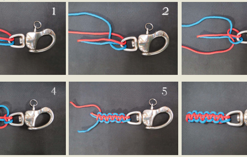 Lanyard step by step Start with a length of line 12 times the finished length of the lanyard and cut it in half. To begin the knot, pass the two lines through the ring in opposite directions (PHOTO 1). The most difficult part of the lanyard is tying the first knot (PHOTOS 2 and 3). Tie it as shown and pull it tight (PHOTO 4). Once this knot is done, repeat the process until the lanyard is complete. Note that one of the lines always passes over the top of the two center lines while the other always passes beneath them. (Normally, the lines won’t be different colors as in the photos, and it is not always easy to keep track of which line passes on top. I tie a small knot at the end of the top line to keep them straight.) Work the knots tight and stop knotting when the lanyard is the right length (PHOTO 5). To finish, cut the ends off each of the lines, leaving about 1⁄8 inch, and use a cigarette lighter to melt the remaining ends (PHOTO 6). (While they are still hot, I press the ends flush with my finger. Alternatively, I sometimes put a drop of clear glue on each end and trim them once the glue has dried.)
