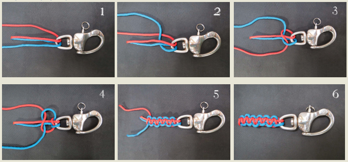 Lanyard step by step Start with a length of line 12 times the finished length of the lanyard and cut it in half. To begin the knot, pass the two lines through the ring in opposite directions (PHOTO 1). The most difficult part of the lanyard is tying the first knot (PHOTOS 2 and 3). Tie it as shown and pull it tight (PHOTO 4). Once this knot is done, repeat the process until the lanyard is complete. Note that one of the lines always passes over the top of the two center lines while the other always passes beneath them. (Normally, the lines won’t be different colors as in the photos, and it is not always easy to keep track of which line passes on top. I tie a small knot at the end of the top line to keep them straight.) Work the knots tight and stop knotting when the lanyard is the right length (PHOTO 5). To finish, cut the ends off each of the lines, leaving about 1⁄8 inch, and use a cigarette lighter to melt the remaining ends (PHOTO 6). (While they are still hot, I press the ends flush with my finger. Alternatively, I sometimes put a drop of clear glue on each end and trim them once the glue has dried.)