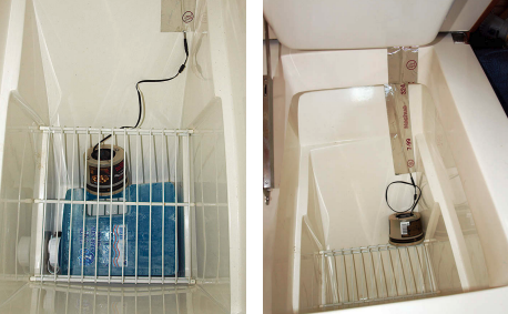 Clarence solved the problem of ice melt in his icebox by making a special cold-melting ice in plastic containers, at left. This also solved the problem of losing “cold energy” when the melted ice drained away. A portable fan housed in a plastic tub circulates the cold air.