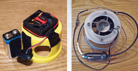 After figuring out how to keep his icebox cold, Clarence experimented with fans to equalize the temperature. First was a small fan powered by a rechargeable 9-volt battery, at left, but short battery life led him to plug a slightly larger fan into the boat’s 12-volt system, at right.