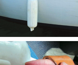 Fire hose makes ideal anti-chafing, at top, and is easily stitched in place with a sailmaker’s palm, above.