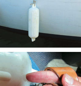 Fire hose makes ideal anti-chafing, at top, and is easily stitched in place with a sailmaker’s palm, above.