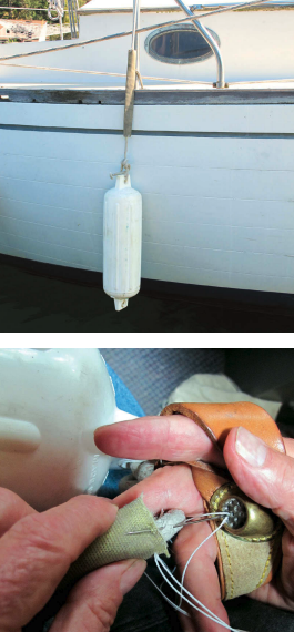 Fire hose makes ideal anti-chafing, at top, and is easily stitched in place with a sailmaker’s palm, above.