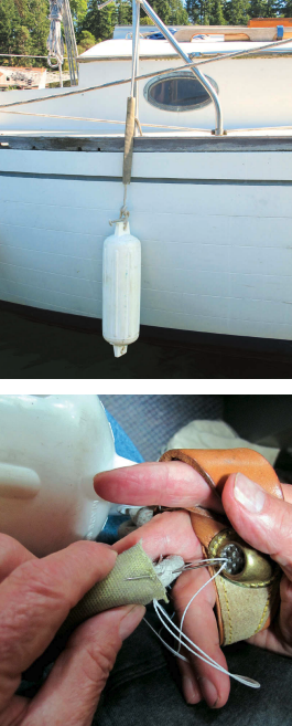 Fire hose makes ideal anti-chafing, at top, and is easily stitched in place with a sailmaker’s palm, above.