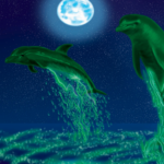 Illustration of dolphins at night