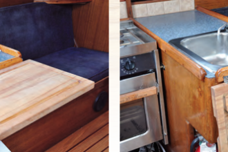 Counter space is at a premium on almost any boat and Bert’s Islander Bahama 30 is no exception. By adding a store-bought cutting board as a stowable extension, Bert expanded his work surface without impinging on the space needed for other onboard activities.