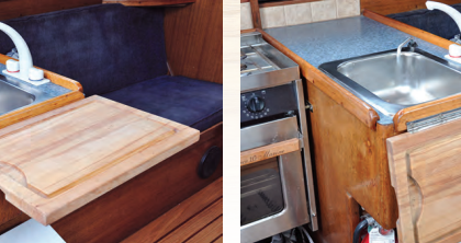 Counter space is at a premium on almost any boat and Bert’s Islander Bahama 30 is no exception. By adding a store-bought cutting board as a stowable extension, Bert expanded his work surface without impinging on the space needed for other onboard activities.