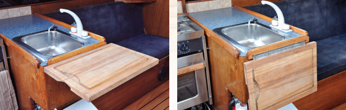 Counter space is at a premium on almost any boat and Bert’s Islander Bahama 30 is no exception. By adding a store-bought cutting board as a stowable extension, Bert expanded his work surface without impinging on the space needed for other onboard activities.