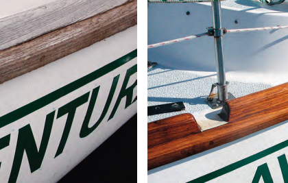 Pewter is a fine color for metal but not for teak, at left above, so Ray made it the color he prefers with several coats of varnish.