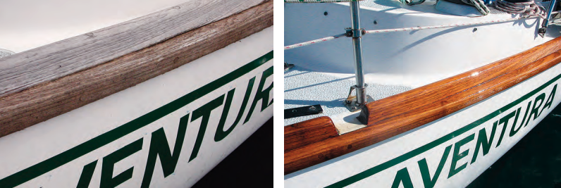 Pewter is a fine color for metal but not for teak, at left above, so Ray made it the color he prefers with several coats of varnish.