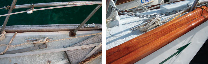 The young couple to whom Ray had sold Aventura upgraded her equipment but neglected her cosmetics, at left. When Ray bought her back, he restored her woodwork, polished her stainless steel, repainted the non-skid, and cleaned up everything else, at right.