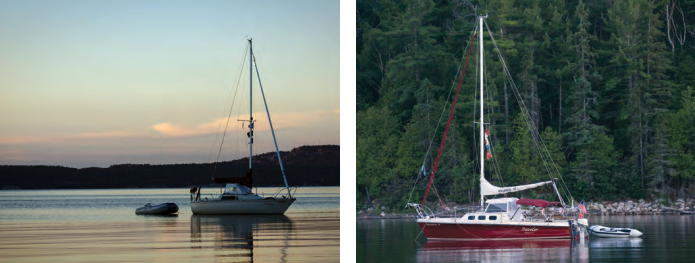 Top Secret, a Canadian Sailcraft 22, sailed by Dave and Gwen Debney, Dryden, Ontario, lies to her anchor in Boyle Cove off Frazer Bay in the North Channel, at left. Also in Boyle Cove is Traveler, a Rhodes 22 owned by John and Coleen Travis of Sheboygan, Wisconsin, at right.