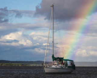 Paladin, a Catalina 27 sailed by Ken and Karen Faver of Newburgh, Indiana, looks a lot like a pot of gold while anchored in the Benjamin Islands.