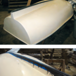 Ganymede’s dinghy gets dragged up all manner of beaches and its skeg was showing wear. At a boatbuilder’s suggestion, Ben applied a mixture of carborundum in epoxy as a protective layer, above.