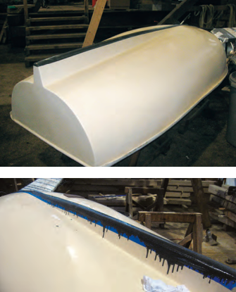 Ganymede’s dinghy gets dragged up all manner of beaches and its skeg was showing wear. At a boatbuilder’s suggestion, Ben applied a mixture of carborundum in epoxy as a protective layer, above.