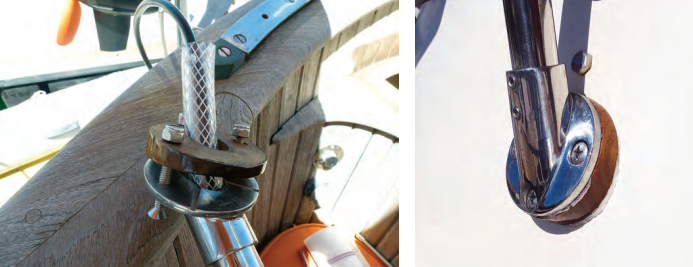 Mathias pressed into service a teak wedge that once lived under a flagstaff base. Before bolting the tree to the hull, he fitted a length of split water hose to protect the cables from chafe.