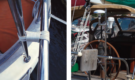 The final touch was to brace the antenna tree in case anyone grabbed it, above. A dowel inside the lashing makes the assembly rigid. The finished tree is an organic fit on Phoenix’s stern, at right.