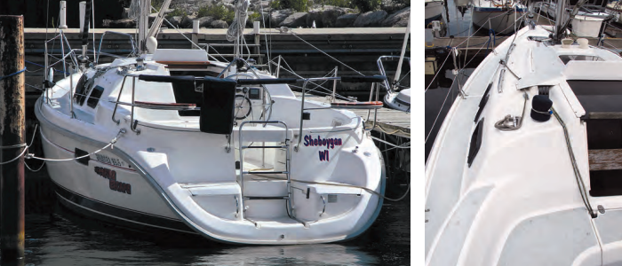The Hunter’s scoop transom makes it easy to get in and out of a dinghy . . . or the water, at left. Owners praise the two quarter seats built into the stern pulpit. The deck has some intricate molding details in the transom, the cockpit, and the fairing that covers the sail-control lines led aft to the cockpit, at right.