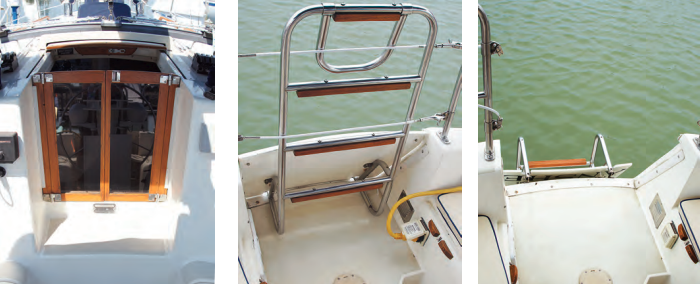 The companionway is protected by a bridge deck and the hatch slide by a sea hood, at left. It’s also recessed into the cabin trunk, so it’s tucked even farther under a dodger. The swim ladder, center, is attached to a panel in the transom that hinges down to provide easy access from the cockpit to the ladder, at right.
