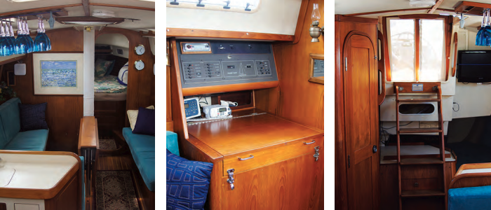 While the saloon has a classic arrangement and proportions, at left, the forward cabin has an island double berth. The top of the icebox doubles as the chart table, center. Aft, the head compartment is on the starboard side and a quarter berth, with lots of room and little privacy, occupies the port side, at right.