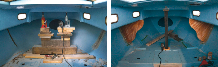 Susan and Chris strongly suspect the chainplate attachments on LC were not original. After removing them, they jacked the cabintop back to its proper position, at left, and installed a compression post, at right, along with beefed-up knees. They moved the chainplates to the outside of the boat to avoid deck penetrations and the chance of rot hiding underneath fiberglass, veneer, or anywhere else in the future.