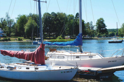 If Susan and Chris’s two good old boats appear to have similar lines, that’s because they are related. The 32-foot 1968 Chris-Craft Cherokee, Titania, and the 22-foot 1965 Seafarer Kestrel, LC, are both designs from the board of Olin Stephens.