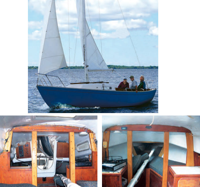 Bruce Milan, his wife, Diane, and sailing friend Bill McBurney show off Wave Anvil (formerly Sophie) after her third refit, top of page. Chris Gately carried out the first refit after he purchased Sophie in 1994. Among other repairs, he rebuilt the main bulkhead and mast support, above, using ash from his backyard woodlot.