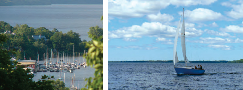 After Bruce bought Sophie and renamed her Wave Anvil, her first home was Picton Harbour, Ontario, at left, seen here in 2009 when Susan and Chris paid a visit in Sara B (whose gaff-rigged spars are just visible at the bottom of the photo). Wave Anvil with a bone in her teeth at the 2012 reunion, at right.