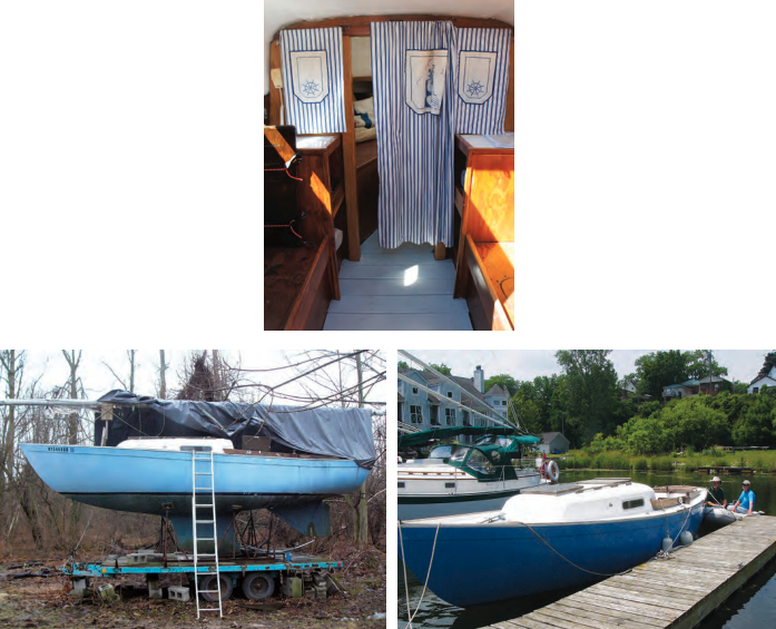 Sophie had been sitting on her trailer in Chris and Susan’s backyard for several years and looked a little forlorn before they sold her, at left. She perked up a good deal in the hands of her new owner, Bruce Milan, at right. When Susan and Chris saw her in 2012 she had new sails and a spiffed-up interior, at top.