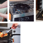 Dough, glorious dough!, top left. The diffuser, top center, assures the griddle heats evenly and the vented lid, top right, when placed over the griddle, retains the heat, making the combination a stovetop oven. The mouthwatering result, at left, speaks volumes for the technique.