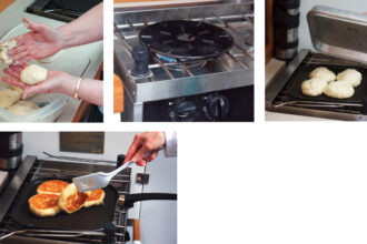 Dough, glorious dough!, top left. The diffuser, top center, assures the griddle heats evenly and the vented lid, top right, when placed over the griddle, retains the heat, making the combination a stovetop oven. The mouthwatering result, at left, speaks volumes for the technique.