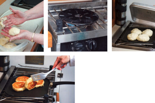 Dough, glorious dough!, top left. The diffuser, top center, assures the griddle heats evenly and the vented lid, top right, when placed over the griddle, retains the heat, making the combination a stovetop oven. The mouthwatering result, at left, speaks volumes for the technique.