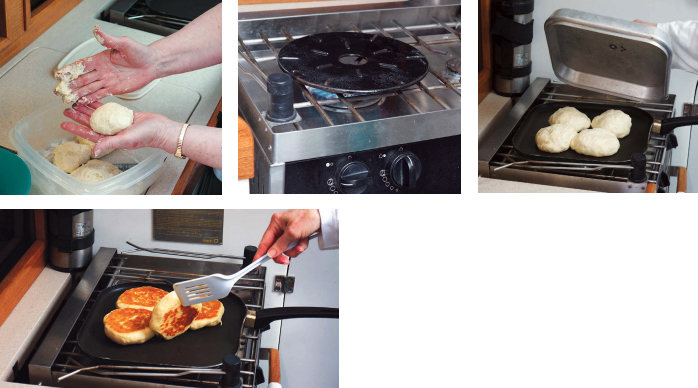 Dough, glorious dough!, top left. The diffuser, top center, assures the griddle heats evenly and the vented lid, top right, when placed over the griddle, retains the heat, making the combination a stovetop oven. The mouthwatering result, at left, speaks volumes for the technique.