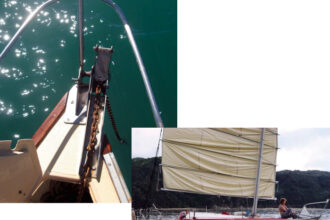Annie’s junk rig is easy for a woman of slight stature to handle, above, and the chain pawl, at top, takes the weight of the anchor and chain as she hauls it aboard.