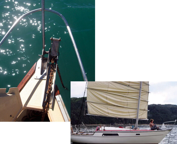 Annie’s junk rig is easy for a woman of slight stature to handle, above, and the chain pawl, at top, takes the weight of the anchor and chain as she hauls it aboard.