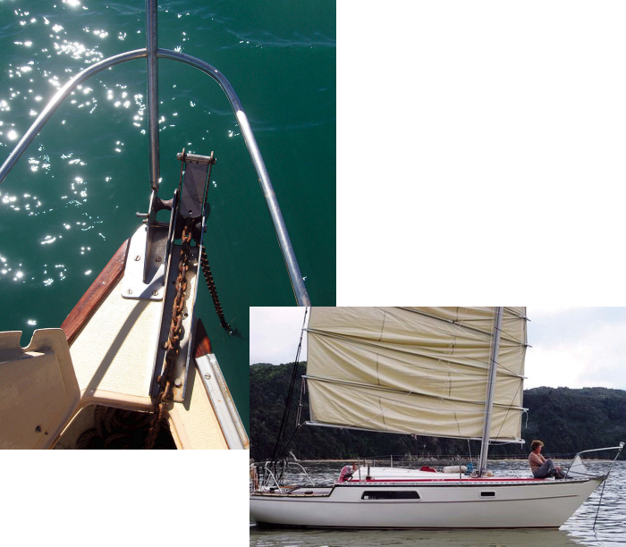Annie’s junk rig is easy for a woman of slight stature to handle, above, and the chain pawl, at top, takes the weight of the anchor and chain as she hauls it aboard.