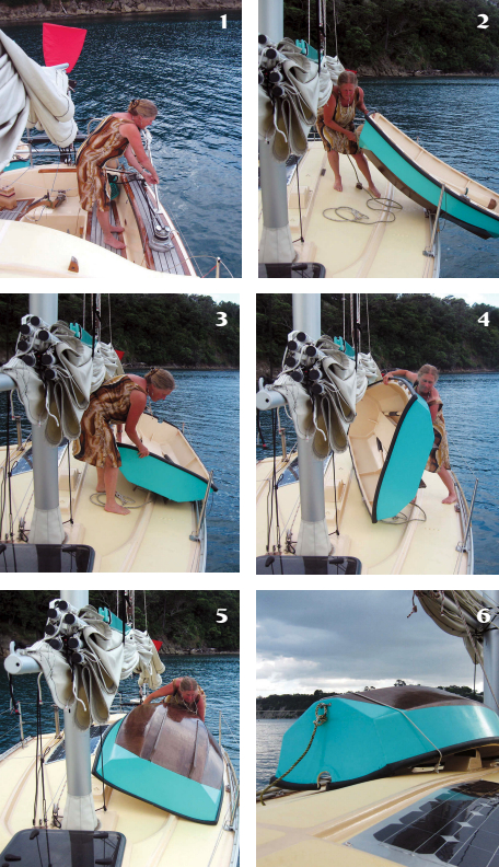 Being able to easily pull her dinghy on board is important to Annie. The first step is to drop the lifelines (1). She then hauls the boat over the rail (2). Once the balance point is inboard, she turns the dinghy around on the deck (3). Because it’s so light, she can then flip it over (4) and maneuver it into position (5), where she lashes it securely (6).