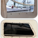 After replacing his deadlights, Bill has a clear view of his marina neighbors, upper photo, and no more leaks. The polycarbonate deadlights are mounted directly on the cabin sides, lower photo.