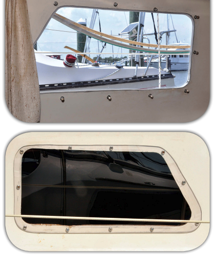 After replacing his deadlights, Bill has a clear view of his marina neighbors, upper photo, and no more leaks. The polycarbonate deadlights are mounted directly on the cabin sides, lower photo.