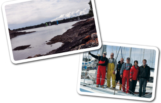 Raceboats fly spinnakers on a run to the finish, at left. The crew of Compromise, a Newport 27, is prepared for wet weather, below. From left, they are skipper Wayne VanTassle, Jan Drent, Neil Cameron, Glen Shippam, Jordan Thisdelle, and Jordan Lothrop.