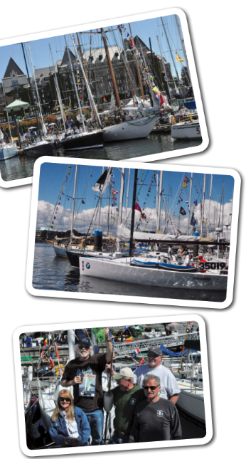 Raceboats raft together against the backdrop of the Empress Hotel, at top. A high-tech speed machine, a modern fiberglass cruiser/racer, and a wooden cruiser, above, show three very different bows. Skipper Brian Arthur (holding Good Old Boat) and the crew of his 1973 Islander 36, Cheetah, are ready for some fun, below.