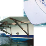 The platform Walter added to O’ (what a) Day! fits closely to the transom, top right, and is supported by stainless-steel brackets, top left. A swimmer can reach the ladder.