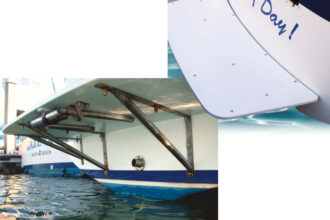 The platform Walter added to O’ (what a) Day! fits closely to the transom, top right, and is supported by stainless-steel brackets, top left. A swimmer can reach the ladder.
