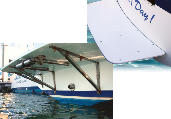 The platform Walter added to O’ (what a) Day! fits closely to the transom, top right, and is supported by stainless-steel brackets, top left. A swimmer can reach the ladder.