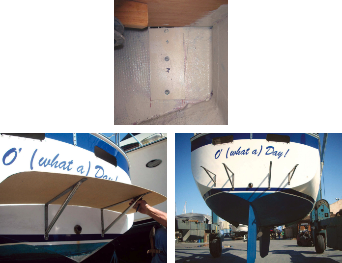 Walter made a pattern and traced the shape of the step onto the StarBoard from which he made the step, at left. The pattern was also useful when positioning the four support brackets, at right. Inside the transom, he used StarBoard backing plates to provide extra support, at top.