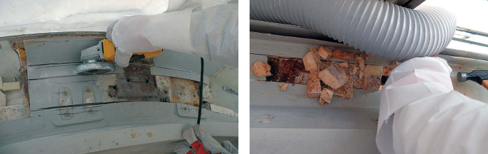 Because of the way the deck was joined to the hull, Steve had to cut into the bulwark, at left. The deck skin also had to be cut out to expose the saturated balsa core. Mary removed the rotten core with hammer and chisel, at right. The white hose is part of the dust collection system.