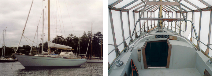 Levity lies at her mooring before the repair to her hull-to-deck joint, at left. Once ashore, Levity became a workshop, at right. The shrinkwrap cover over a custom frame admitted lots of light and allowed Mary and Steve to continue with the repair work throughout the winter months.